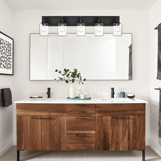 Black Bathroom Light Fixtures Over Mirror, Modern 5-Lights Wall Sconce Lighting with Clear Glass Shade for Vanity Living Room (E26 Bulb Base)