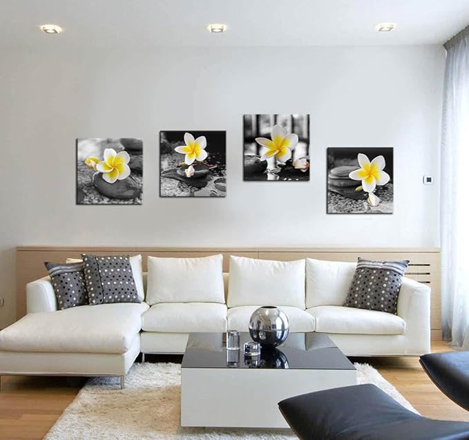 Yxbhhym-Black and White Wall Art Yellow Gray Bathroom Decorations Stone Zen Canvas Prints Spa Paintings Frangipani Flowers Pictures Meditation Artwork for Bedroom Kitchen Living Room Decor Framed