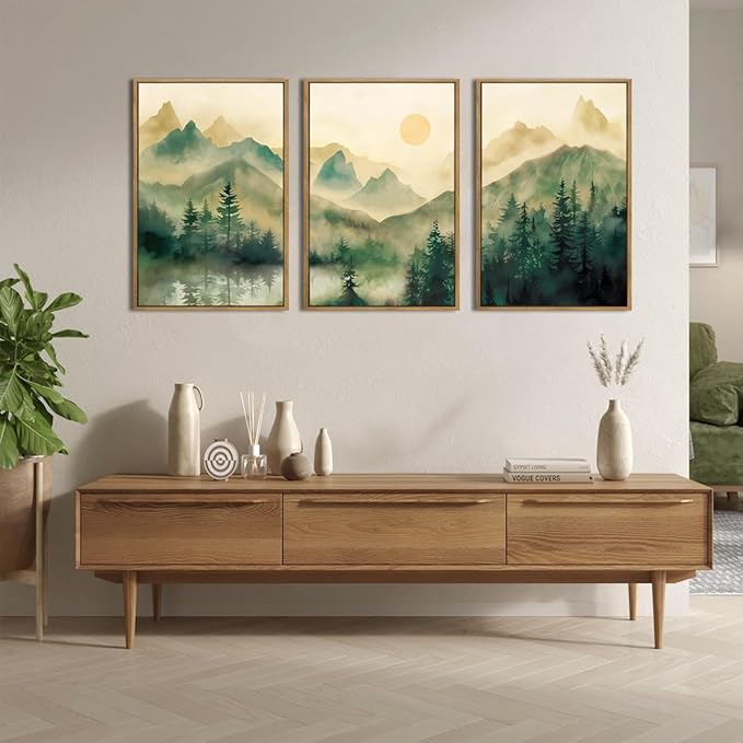 IARTTOP Large Mountain Framed Canvas Wall Art 16x24 Inch Green Foggy Forest Landscape Art Prints Set of 3 Nature woodland Landscape Wall Decor for Living Room Bedroom Office