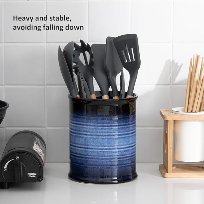 Nihow Kitchen Utensil Holder and Spoon Rest: Ceramic Utensil Holder for Countertop - Stable Utensil Crock for Kitchen Counter Decor - Elegant Blue & Black