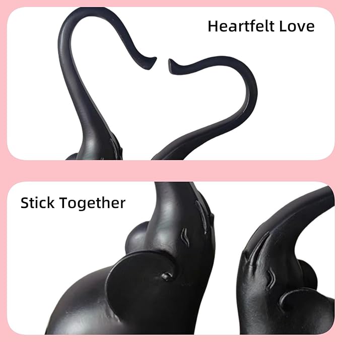 Loving Elephant Statues Home Decor, Small Black Elephant Figurines in Love, Elephant Sculpture Heart Decorative Objects for Bookshelf Decor