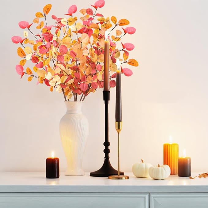 6Pcs Fall Artificial Flowers 27.6’’ Orange Autumn Eucalyptus Stems for Table Centerpieces Faux Eucalyptus Leaves Branches for Thanksgiving Floral Arrangements Home Party Decoration