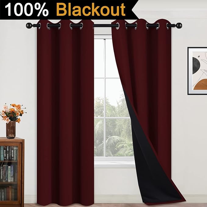 Yakamok 84 Inch Long 100% Blackout Curtains for Bedroom, 2 Thick Layers Thermal Insulated Grommet Total Blackout Drapes with Black Liner for Living Room(42Wx84L,Burgundy Red, 2 Panels)