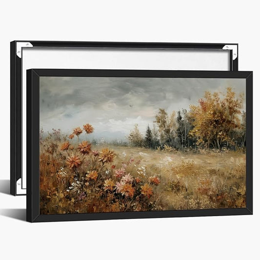 Fall Canvas Wall Art Wildflower Posters Autumn Landscape Pictures Print Art Vintage Rustic Farmhouse Wall Decor 24x36inch black framed