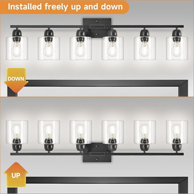 6 Light Black Bathroom Vanity Light, Vanity Lighting Fixtures with Clear Glass,38 inch Black Light Fixture Bathroom for Oversized Mirrors Living Room Bedroom Hallway E26 Base