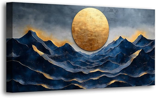 Golden Moon Pictures Canvas Wall Art for Living room Office Bedroom Wall Decor, Landscape Wall Art Print Paintings Modern Golden Blue Scenery Artwork Waterproof Ready to Hang-20x40inch