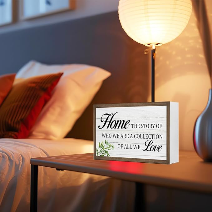 Home The Story of Who We are Wooden Box Sign Desk Decor,Family Quotes Wooden Block Plaque Sign for Home Farmhouse Living Room Bedroom Shelf Table Wall Decor