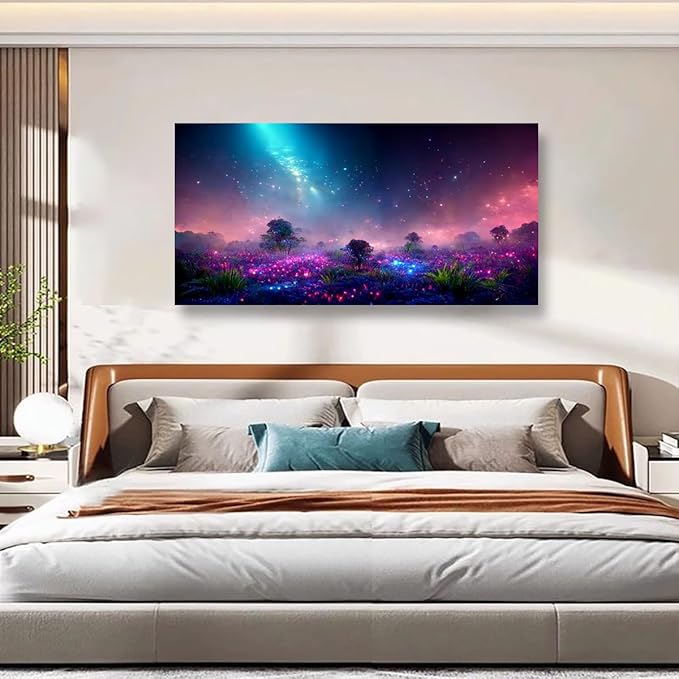 Purple Magical Wall Art Bedroom Wall Decor Living Room, Canvas Wall Art Office Farmhouse Paintings Artwork Modern Blue Starry Sky Grass Land Fantastic Wall Art Prints Pictures 20 * 40inch