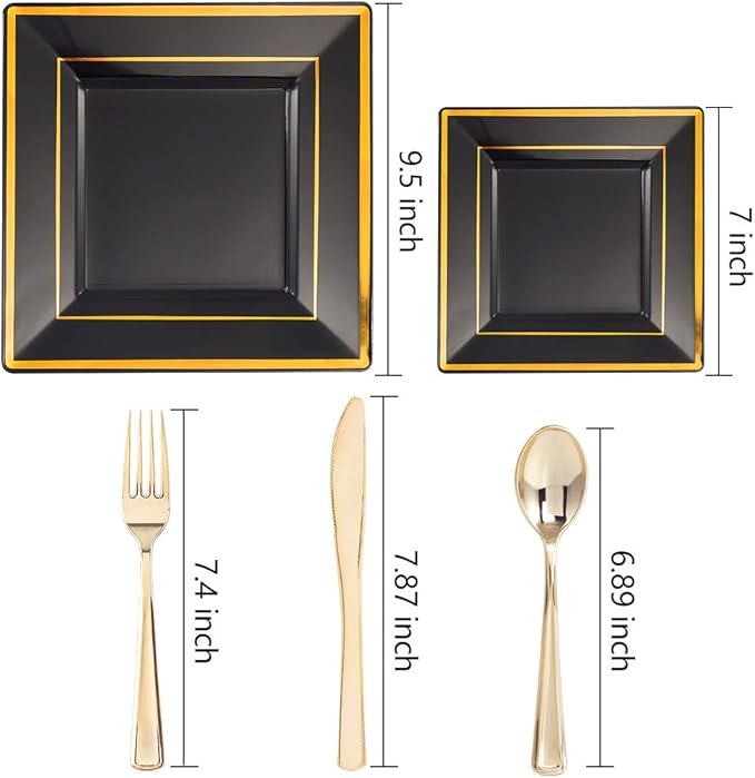WDF 125Pieces Black Square Plastic Plates with Gold Rim Gold Disposable Silverware - include 25Pcs Dinner Plates,25Pcs Dessert Plates,25 Forks, 25 Knives, 25 Spoons for Halloween