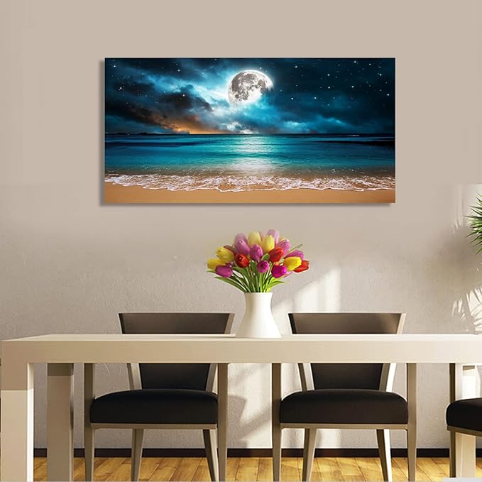 Beach Wall Art Canvas Prints Moon Ocean Landscape Picture Home Decor Natural Seascape Paintings for Living room Bathroom Bedroom Office Kitchen Decorations Modern Artwork Wood Framed 20x40inches
