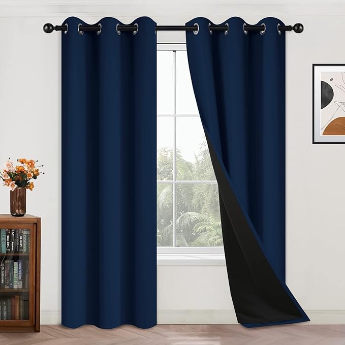 Yakamok 84 Inch Length 100% Blackout Window Curtain Panels, Full Light Blocking Drapes with Black Liner Thermal Insulated Drapes for Bedroom (42Wx84L,Navy Blue, 2 Panels)