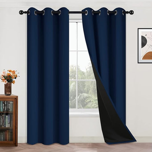 Yakamok 84 Inch Length 100% Blackout Window Curtain Panels, Full Light Blocking Drapes with Black Liner Thermal Insulated Drapes for Bedroom (42Wx84L,Navy Blue, 2 Panels)
