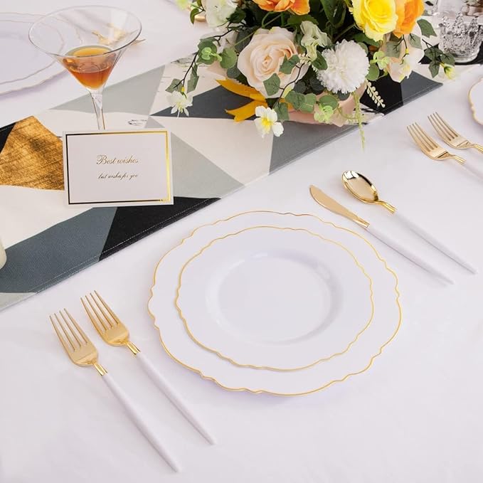 WDF 30Guest Gold Plastic Plates - High-end Baroque Design - 10.25&7.5in Wedding White and Gold Plates Disposable for Thanksgiving Parties/Wedding