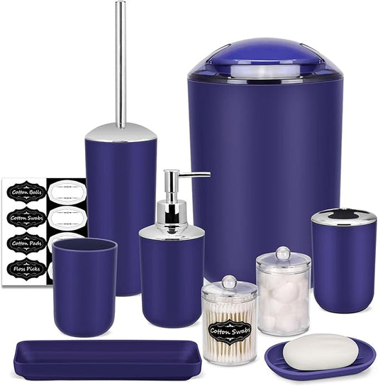 IMAVO Bathroom Accessories Set,Blue Bathroom Set,9 Pieces Bathroom Accessory Set,Tray,Qtip Holders,Toilet Brush,Trash Can for Bathroom Décor and Home Gifts