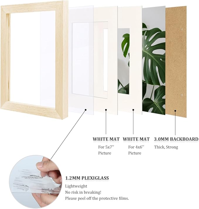 Egofine 6x8 Picture Frames Set of 4, Made of Solid Wood Covered by Plexiglass 4x6 and 5x7 with Mat or 6x8 without Mat, for Table Top Display and Wall Mounting Photo Frame Oak Wood