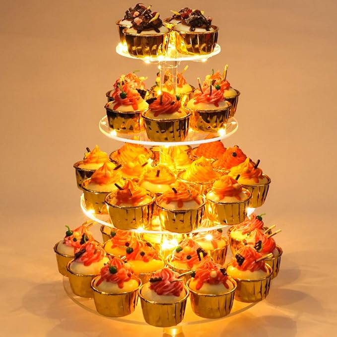 YestBuy 4 Tier Round Cupcake Stand, Cupcake Holder, 4 Tier Cupcake Tray, Acrylic Cake Tower Stand Display for Pastry + LED Light String, Ideal for Weddings, Birthday Parties (Yellow)