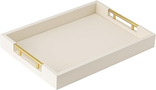 Ivory Faux Leather Serving Tray with Handles – Large Decorative Tray for Coffee Table, Ottoman, Living Room, Bathroom – Home Decor