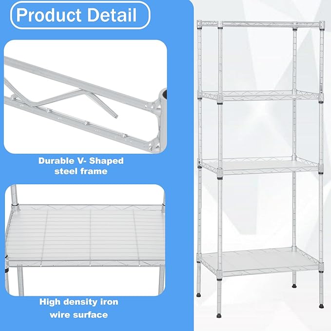 PayLessHere | 4-Tier Wire Shelf | 18"x12"x44" | Chrome | Adjustable Racks | Heavy-Duty Storage Shelves, Holds Upto 600 lbs | Rust-Resistant, No-Tool Assembly | for Home, Garage Shelving
