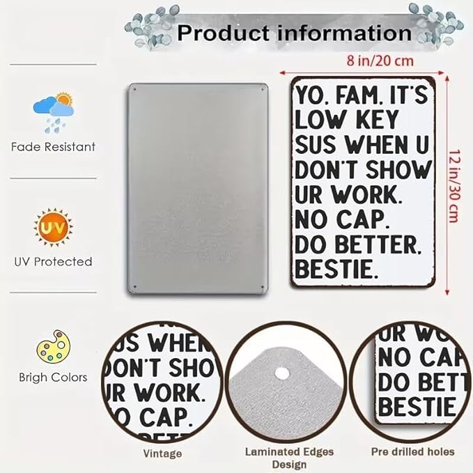 Students Teachers Gift Funny Math/English/Science/History Class It's Low Key Sus When U Don't Show Ur Work Tin Sign for Home Classroom Study Room Wall Decor 8x12 Inch (3233)