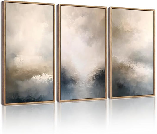 KUVIOKE Boho Abstract Wall Art Framed Minimalist Beige Gray Prints Watercolor Neutral Rustic Artwork Hallway Bedroom Living Room Decor 16x24in (Natural Framed)