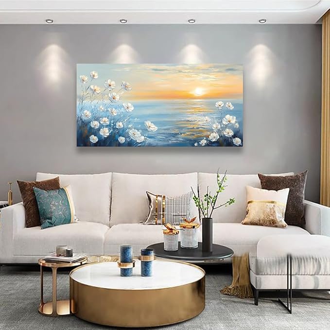 Seascape Pictures Canvas Wall Art for Living room Office Bedroom Wall Decor, Natural Landscape Wall Art Print Modern Noble White Flower Oil Painting Artwork Waterproof Ready to Hang-20x40inch