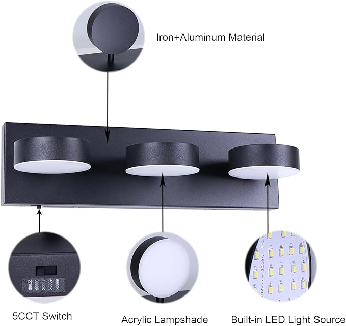 Modern Bathroom Vanity Light Fixtures,4-Light Matte Black Bathroom Wall Lighting Fixtures Over Mirror, Dimmable 5CCT LED Vanity Lights with Acrylic Shades