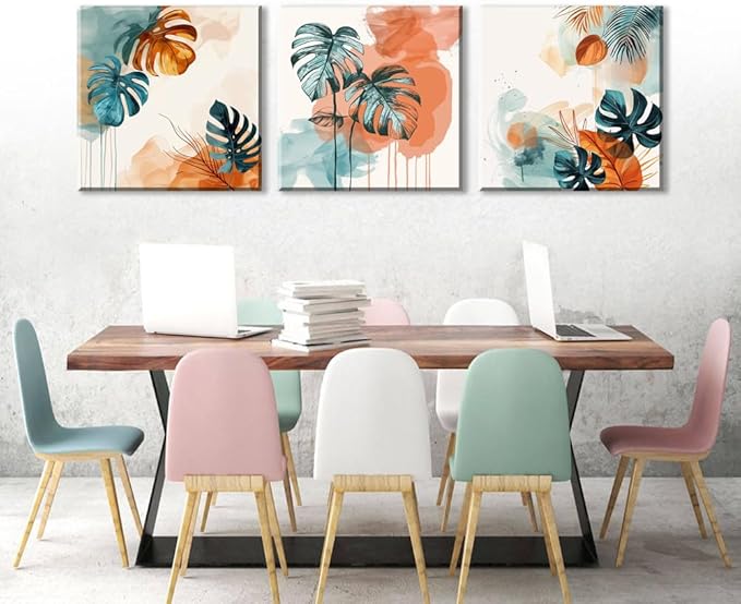 NAN Wind 3Pcs Abstract Tropical Leaves Canvas Art Modern Botanical Wall Decor Teal and Orange Leaf Minimalist Jungle Wall Art Framed Contemporary Nature-Inspired Print for Living Room or Bedroom