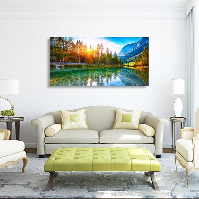 Scenery Canvas Wall Art for Living room Office Bedroom Sunshine Forest Landscape Wall Art Green Nature Pictures Art Print Paintings Modern Mountain Lake Wall Decor Artwork Waterproof -20 * 40inch