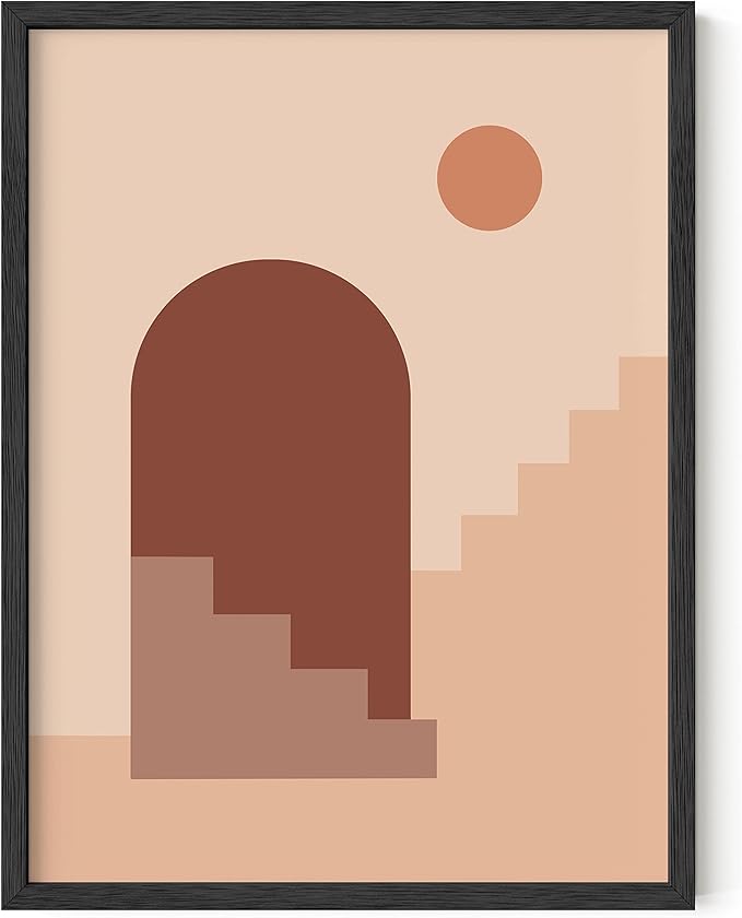 HAUS AND HUES Boho Art Prints Minimalist Decor - Boho Wall Art Mid Century Modern Decor, Minimalist Wall Art, Modern Art Wall Prints, Sun and Two Staircases (Black Framed, 12x16)