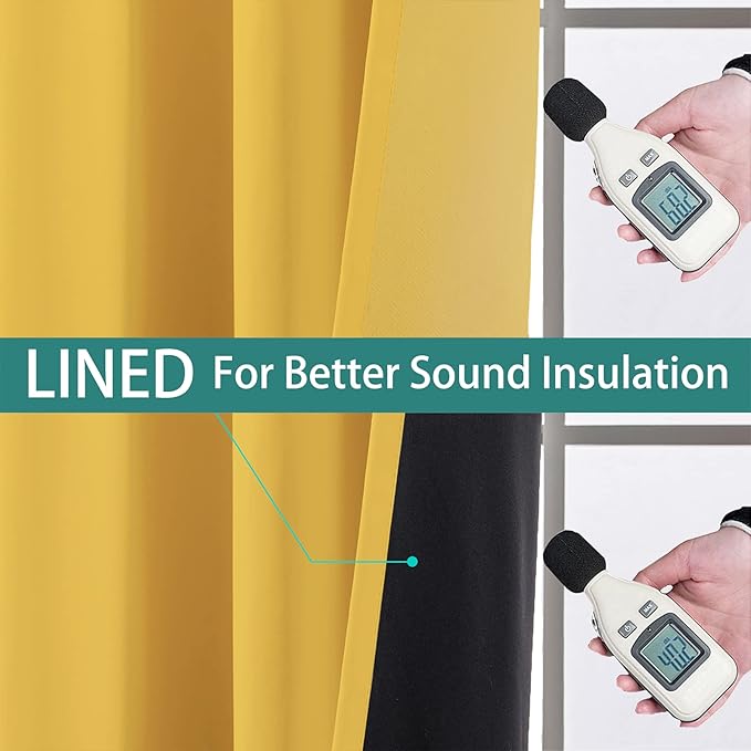 Yakamok Thermal Insulated 100% Blackout Curtains for Bedroom, Double Layer Full Room Darkening Noise Reducing Grommet Curtains, Heat Blocking Drapes for Living Room(52Wx63L, Mustard Yellow, 2 Panels)