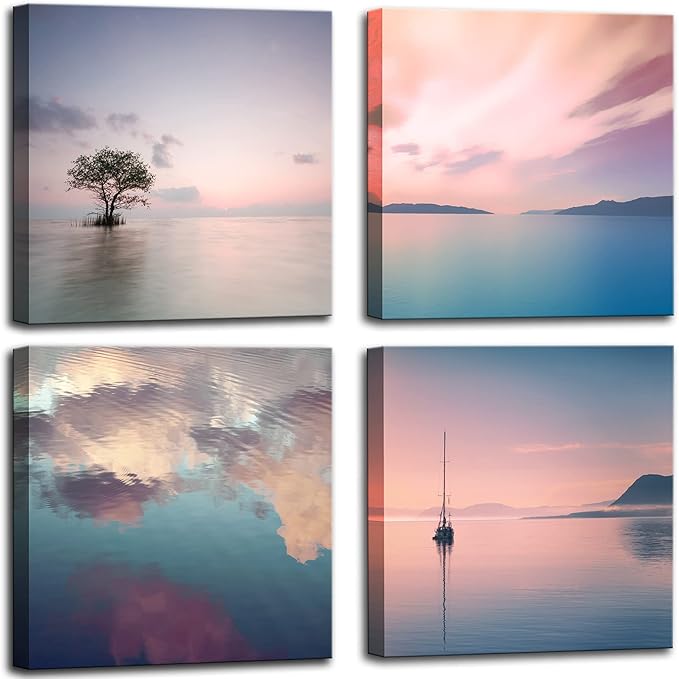 dgbtcart Romantic Sunset Beach Canvas Wall Art - Ocean Pictures Prints Colorful Seascape Painting Artwork for Bedroon Living Room, Bathroom - Office Kitchen Wall Decor 12"x 12" x 4 Panels
