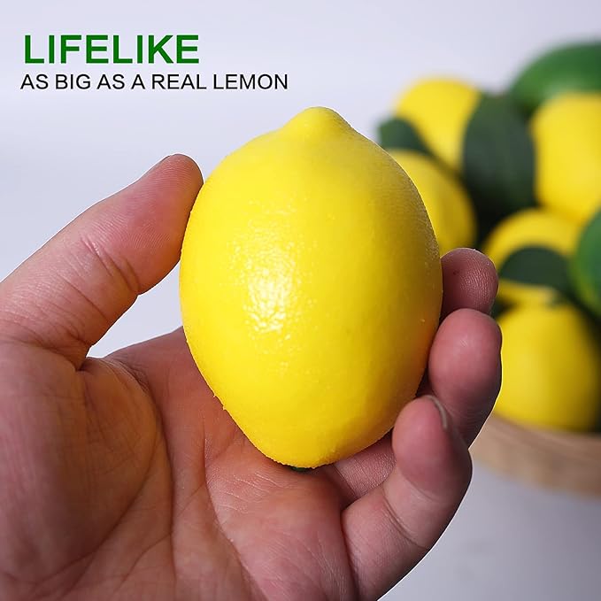 Fake Fruit Artificial Lemons 24 Pcs, Faux Lemon Leaves 12 Pcs Lifelike Fake Lemon Decor for Kitchen Table Cabinet Party Plastic Fruits Photography Prop