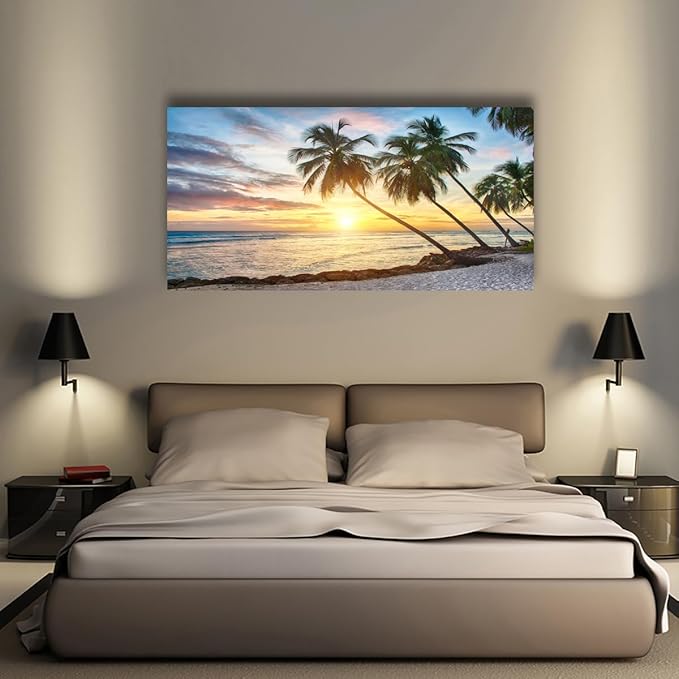 Beach Pictures Canvas Wall Art for Living room Bedroom Wall Decor,Palm Wall Art Print Paitnings for home Decor,Morden Artwork Sunset Coconut Tree Canvas Art Waterproof Stretched Ready to