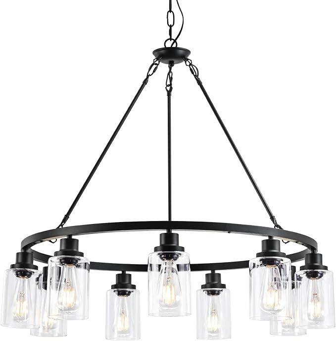 9-Light 32" Modern Farmhouse Chandeliers for Dining Room,Wagon Wheel Black Chandelier,Adjustable Height Hanging Round Pendant Lights for Kitchen Island Clear Glass Shade Ceiling Light fixtures