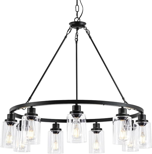 9-Light 32" Modern Farmhouse Chandeliers for Dining Room,Wagon Wheel Black Chandelier,Adjustable Height Hanging Round Pendant Lights for Kitchen Island Clear Glass Shade Ceiling Light fixtures