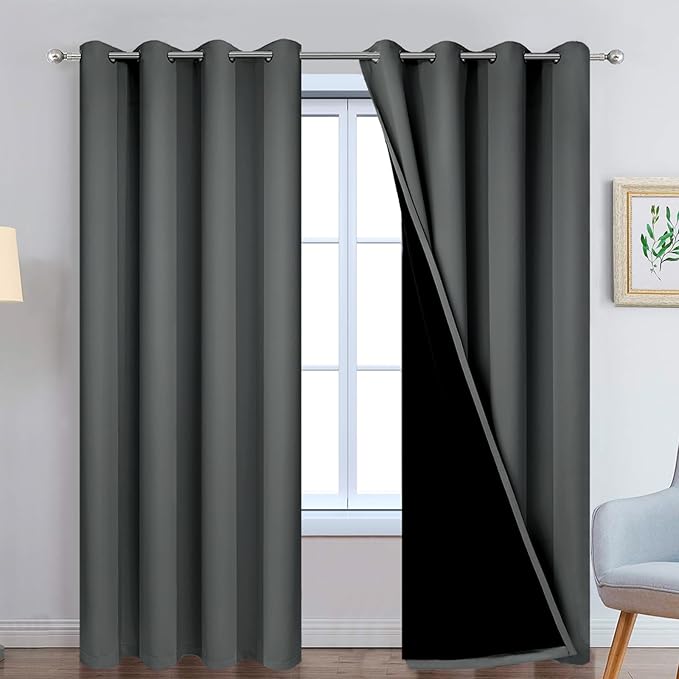 Yakamok Full Shade Curtain Panels, Heavy Duty Lined Curtains 90 Inches Long, Thermal Insulated Room Darkening Curtains with Black Liner for Bedroom(52" Width Each Panel, Dark Gray, 2 Panels)