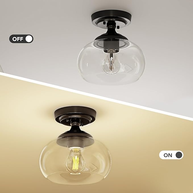 VONLUCE Industrial Semi Flush Mount Ceiling Light, 8.3" Ceiling Light Fixture with Clear Glass Shade, Farmhouse Lighting for Hallway Kitchen Bedroom Entryway, Matte Black Flush Mount Light Fixture