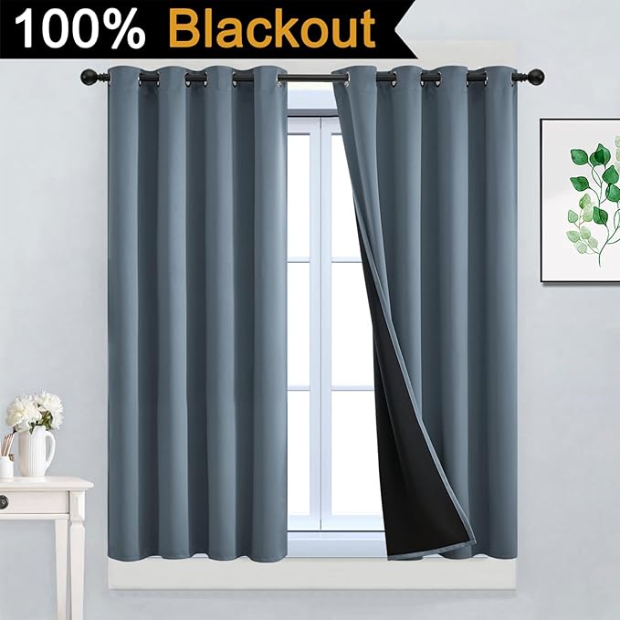 Yakamok 100% Blackout Lined Panels, Room Darkening Thermal Insulated Blackout Curtains for Bedroom, Heat Blocking Drapes for Living Room(52Wx45L, Stone Blue, 2 Panels)