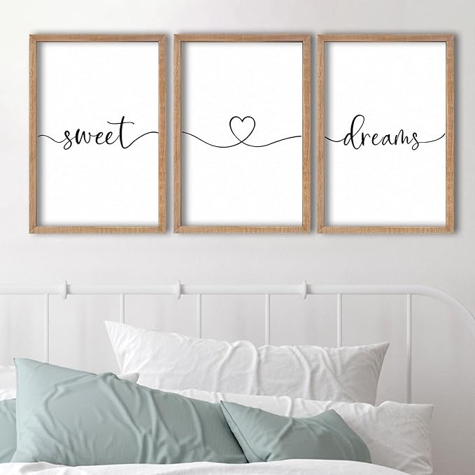 SRSZHIYUE Bedroom Above Bed Wall Decor Minimalist Sweet Dreams Sign Set of 3 16''×11'' Small Romantic Modern Farmhouse Hanging Master Bedroom Guest Room Wall Hanging Decoration（Wood）
