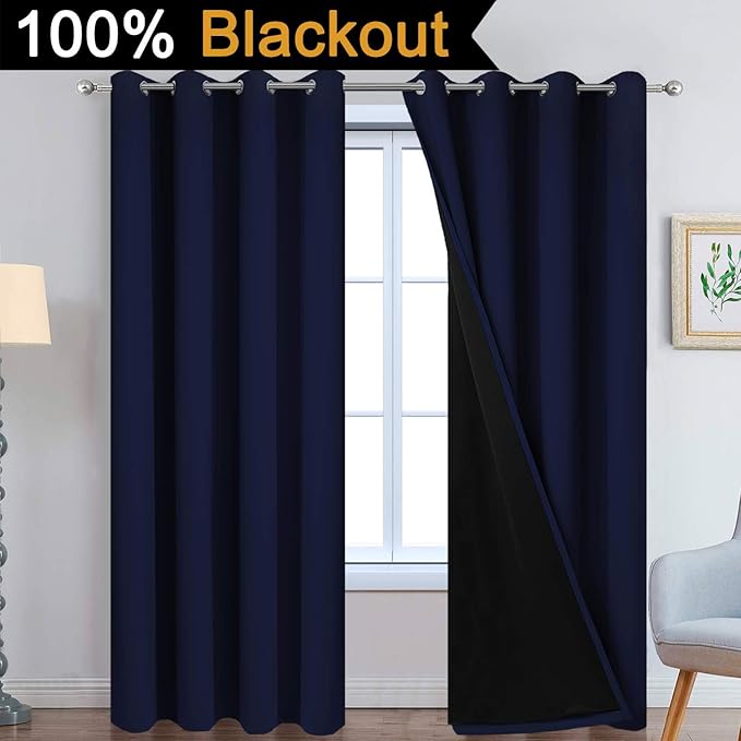 Yakamok Navy Blue 100% Blackout Curtains Energy Saving Thermal Insulated 2 Thick Layers Completely Blackout Drapes with Black Liner for Bedroom (52Wx84L, Navy Blue, 2 Panels)