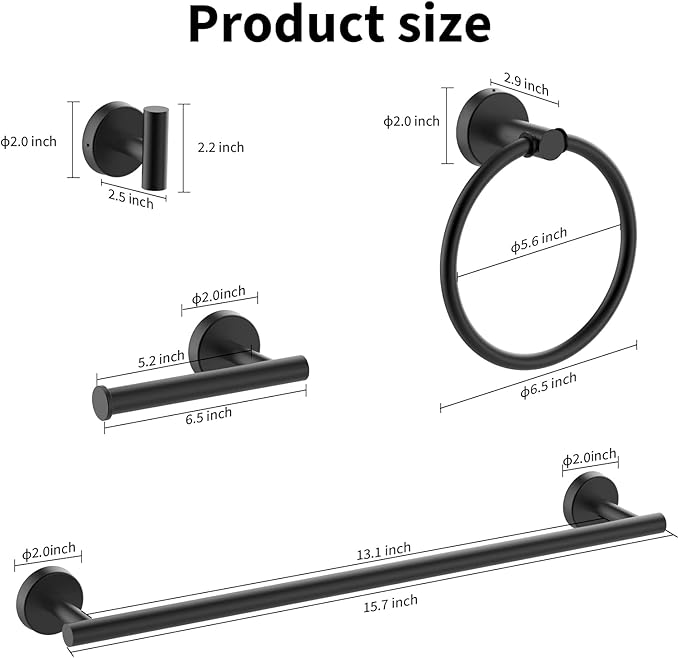 Cilee 10-Piece Matte Black Bathroom Accessories Set, 16 inch Towel Rack + Towel Ring + Robe Towel Hook + Toilet Paper Holder for Bathroom Wall, Stainless Steel Towel Bar