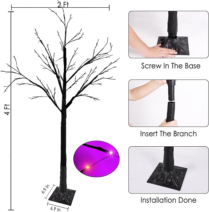 2-Pack 4FT Lighted Black Halloween Tree with 96 LED Orange & Purple Lights, Higher Size, Timer Function Halloween Trees Lights Spooky Tree for Indoor & Outdoor Halloween Decorations Home Party Decor