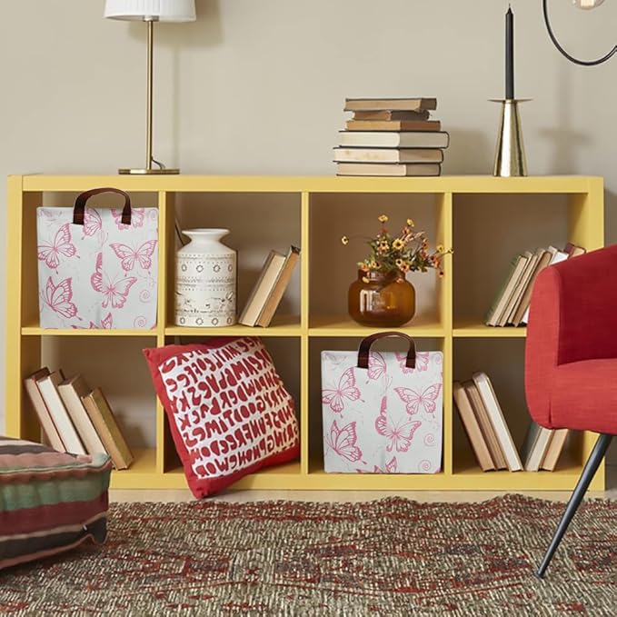 CLOCOR Rectangular Pink Basket, Collapsible Storage Bin, Waterproof Storage Box with Handles, Gift Organizer, Shelf Basket(Pink Butterfly)