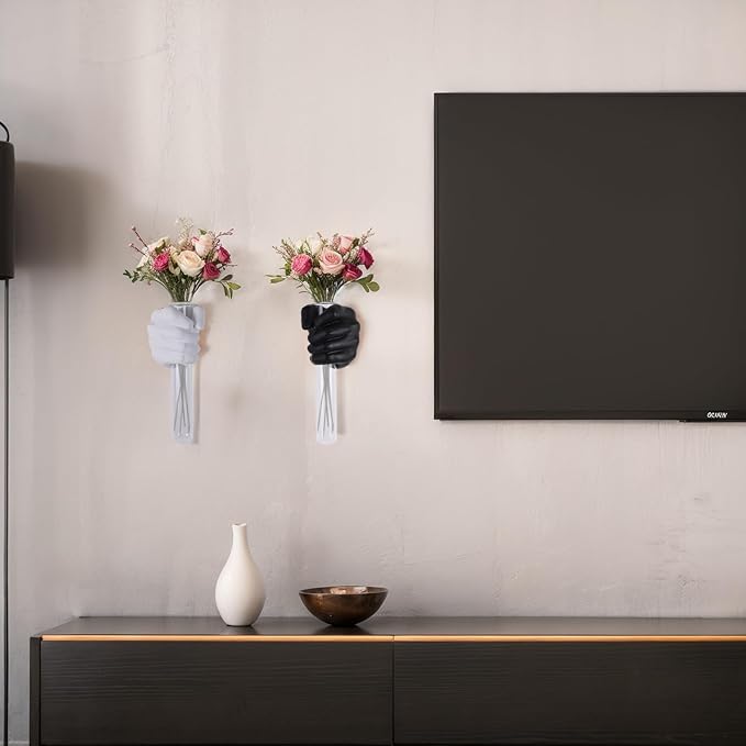 2 Pieces Wall Sculptures, Hands Vase Home Decor, Wall Mount Art Sculpture, Unique Wall Art Statue, Funky Flower Vase Decorations, Modern Eclectic Hanging Decor,Hands Statue (Black&White)