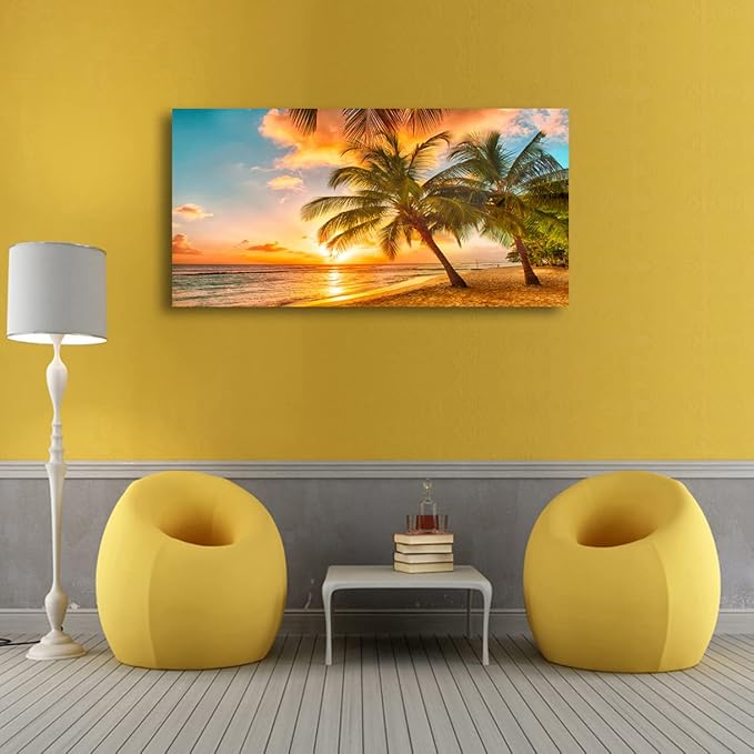 Beach Themed Wall Art Canvas Prints Seascape Picture Bathroom Décor Ocean Tree Sunset Paintings for Living Room Bedroom Office Home Kitchen Decorations 28x57 Wooden Framed Natural Landscape Artwork