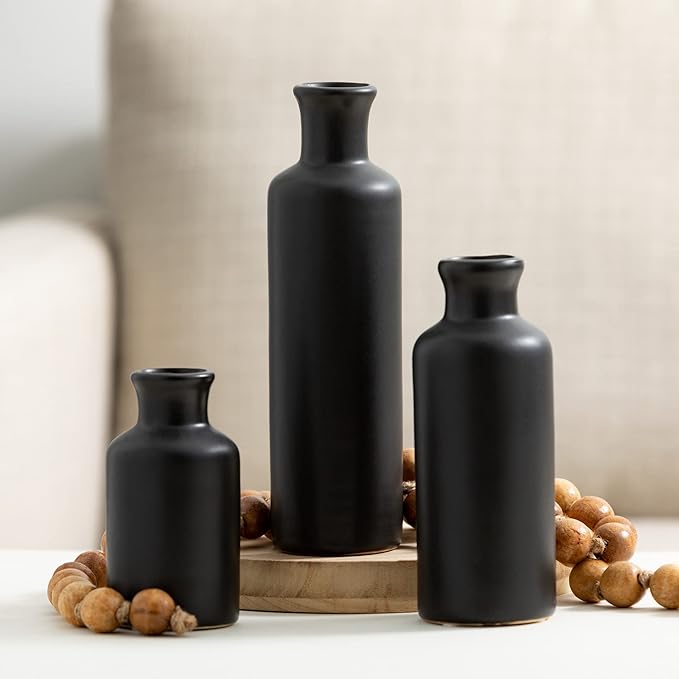 Sullivans Ceramic Black Vase Set, Modern Home Decor Decorative Vases for Your Kitchen, Bedroom, Office, Living Room, Bathroom, & Shelf Decor, Centerpiece Table Decorations, Small Vases (CM3038)