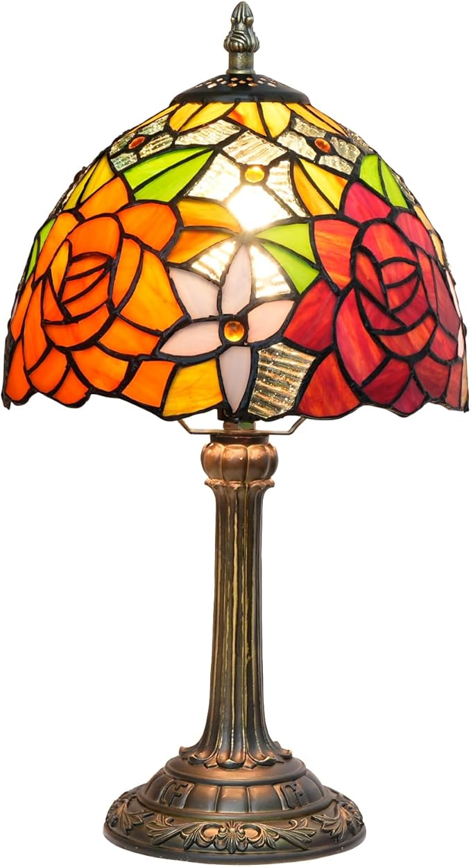 8 Inch Tiffany Stained Glass Lamp, Red And Orange Rose Flower Design, Victorian Vintage Style Bedside Lamp, Suitable For Bedroom Dining Room Office Hotel And Other Home Decoration (Gorgeous Rose)