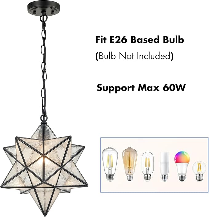 14'' Moravian Star Pendant Light Seeded Glass Star Lights with Adjustable Hanging Chain Light for Kitchen Bedroom Dining-Dimmable