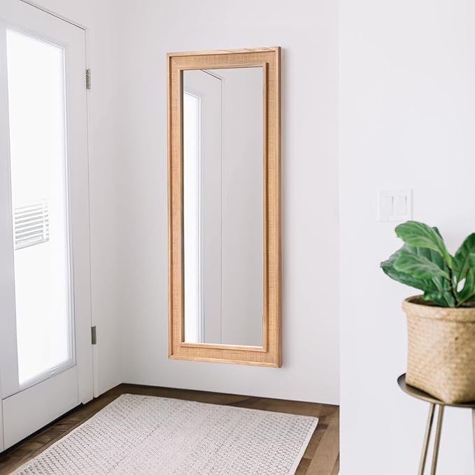 Rattan Full Length Mirror 27"x67" Long Mirror Wood Framed Large Hanging Wall Mounted Mirror Full Body Mirror Decorative Rectangle Floor Mirror Leaning Against Wall for Bedroom Living Room