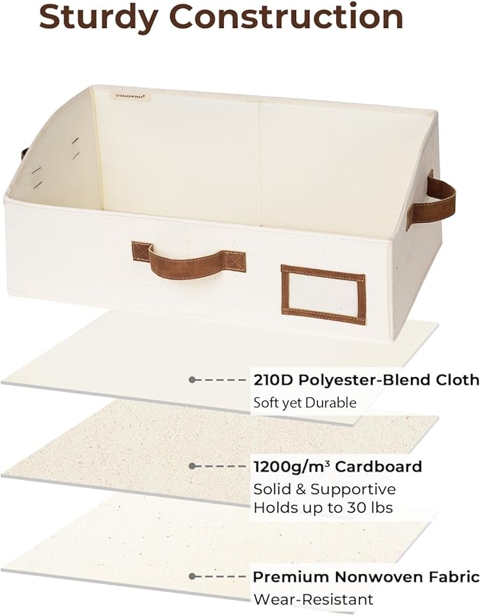 StorageWorks Closet Storage Bins, Trapezoid Organizer Box for Shelves, Fabric Clothes Bin, Foldable Organizing Baskets with Handles, Large, Ivory White, 3-Pack